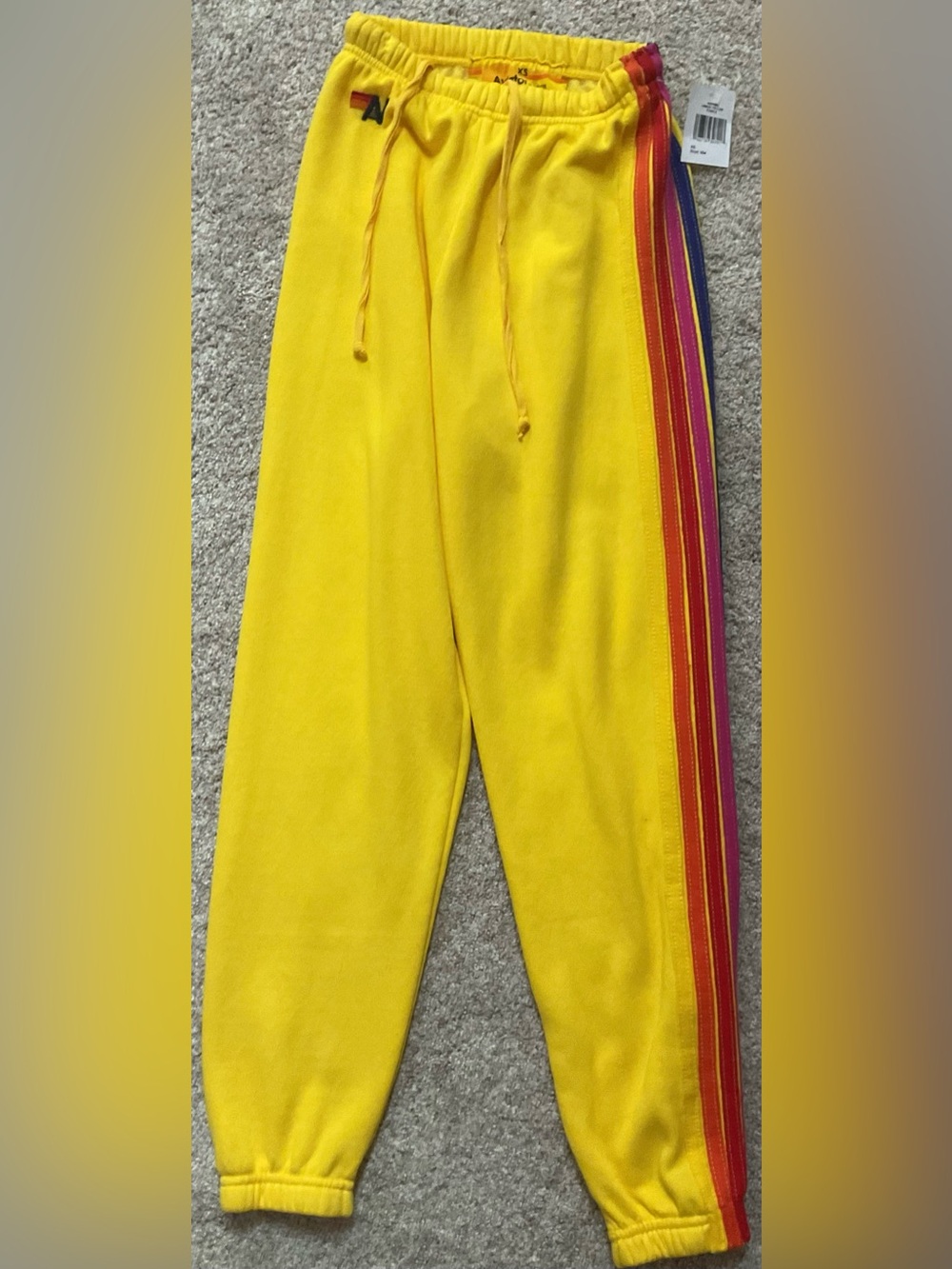 Rare! Aviator Nation Yellow Sweatpants with Rainbow Side Stripes. XS